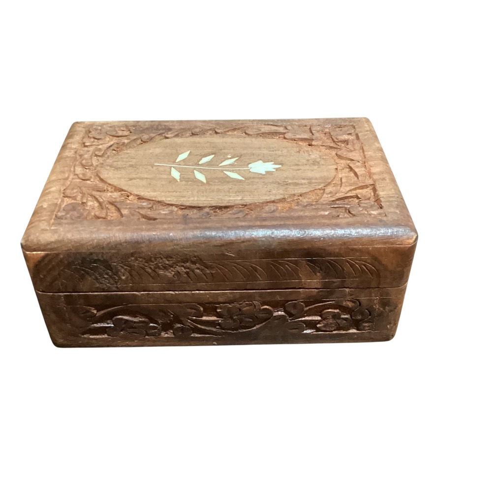 Vintage Hand Carved Wooden Trinket Box Inlay flower on lid Blue Velvet Lining